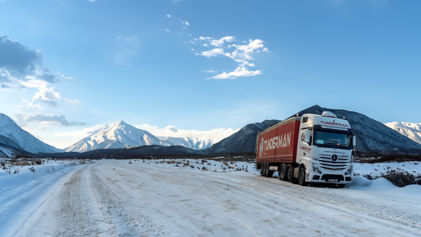 Tunderman truck parked beside road in snowy tundra biome